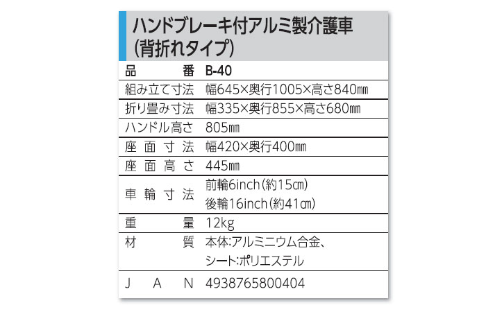 幸和製作所/TacaoF】ハンドブレーキ付き介護車 B-40 【車椅子販売のお